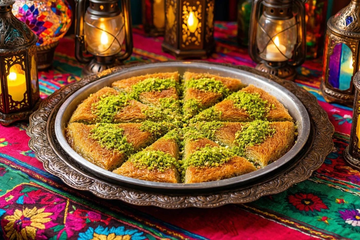 Een schaal goudkleurige kunafa met gehakte pistachenoten staat op een kleurrijk gebloemd tafelkleed tussen brandende sierlijke lantaarns.