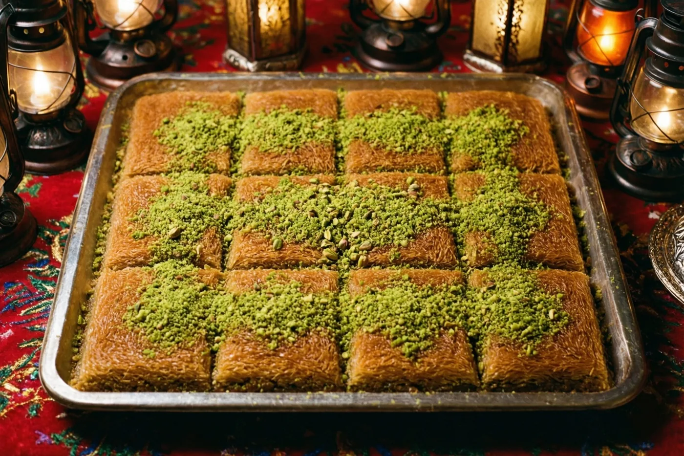 Een schaal goudkleurige kunafa met gehakte groene pistachenoten staat op een rood tafelkleed met patronen, omringd door brandende lantaarns.
