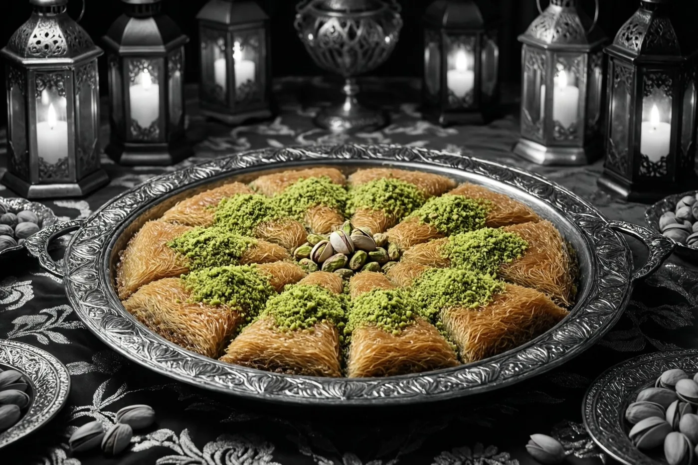 Een zilveren dienblad met goudkleurige kunafa en gehakte groene pistachenoten staat op een donkere tafel met patronen, met brandende lantaarns op de achtergrond.