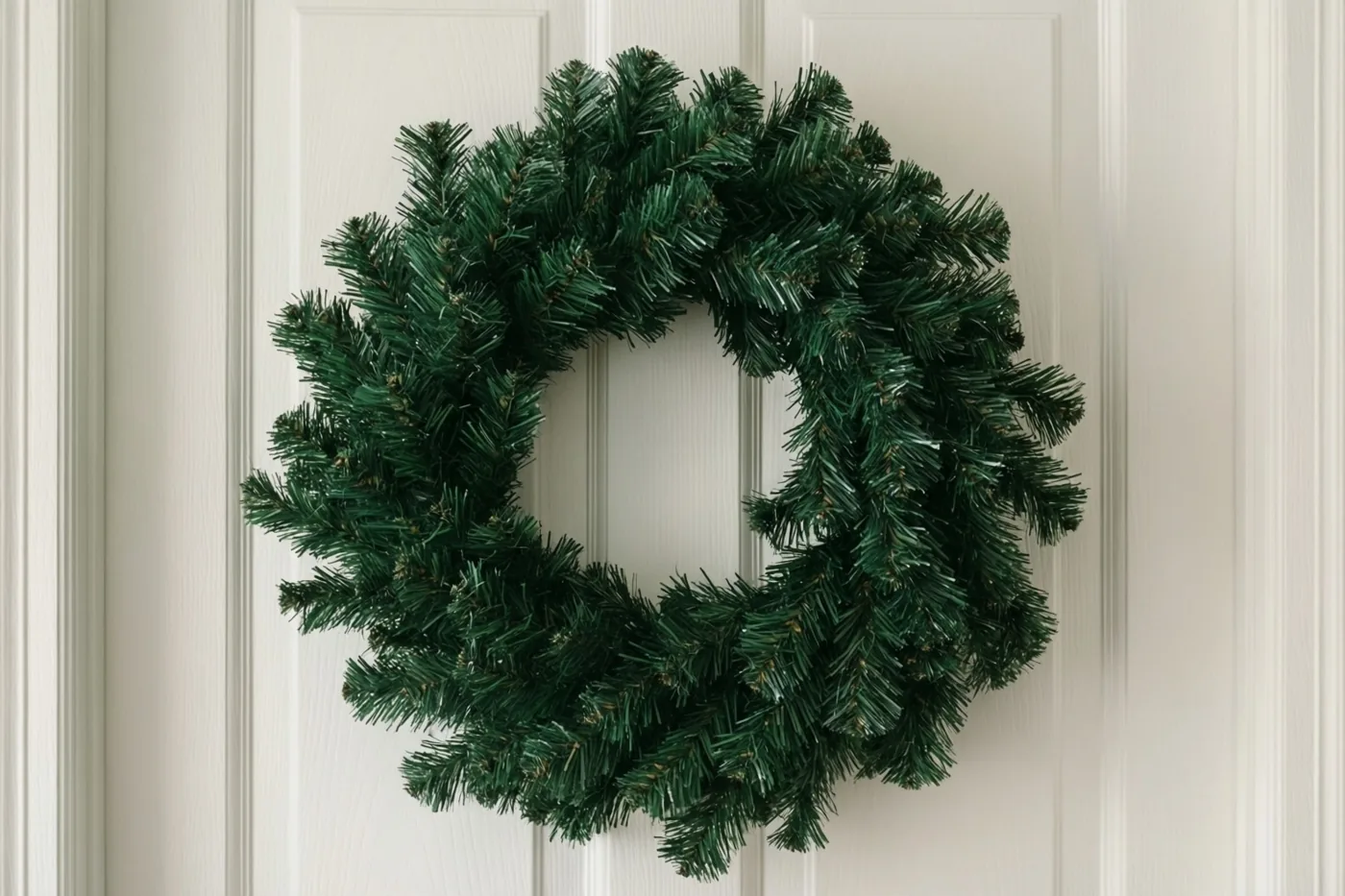 Een diepgroene kerstkrans van kunstdennennaalden hangt midden op een witte paneeldeur.