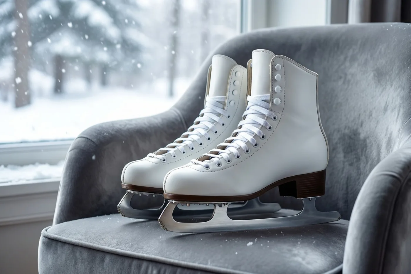 Een paar witte kunstschaatsen ligt op een grijze fluwelen stoel bij een raam waarachter sneeuw valt.