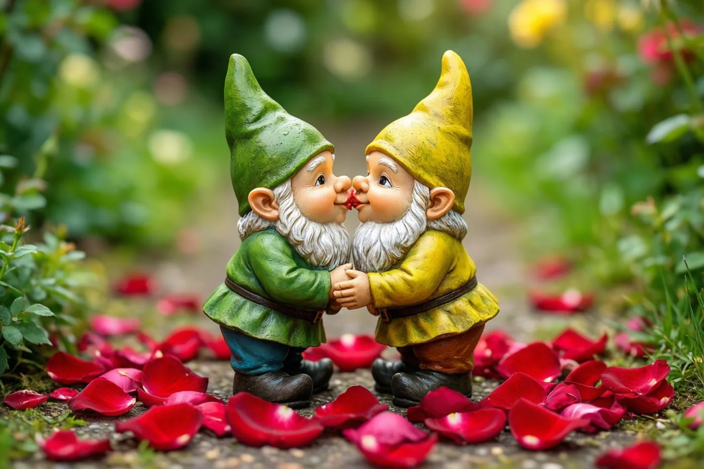 Twee tuinkabouters, een in het groen en een in het geel, kussen elkaar op een tuinpad vol rode rozenblaadjes in een weelderige groene tuin.
