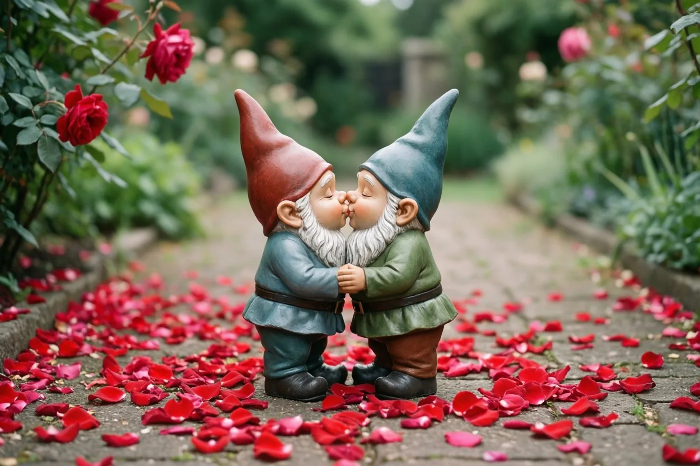 Twee tuinkabouters kussen elkaar op een stenen tuinpad met rode rozenblaadjes, met een weelderige tuin en rode rozen op de achtergrond.
