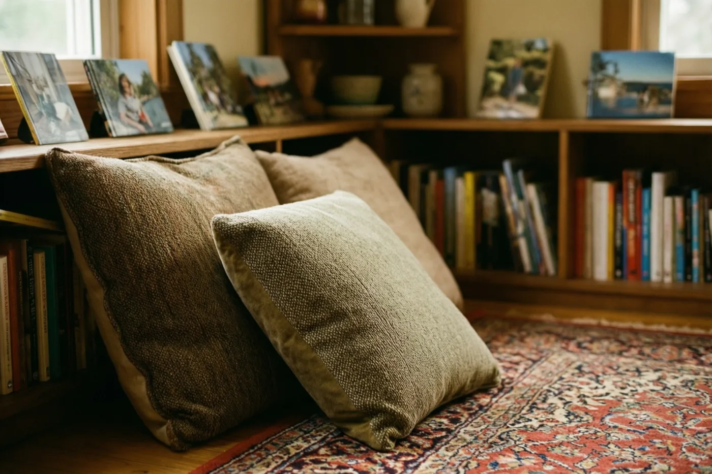 Twee kussens liggen op een tapijt met een patroon, met daarachter houten rekken met prentenboeken en ingelijste foto's in warm licht.