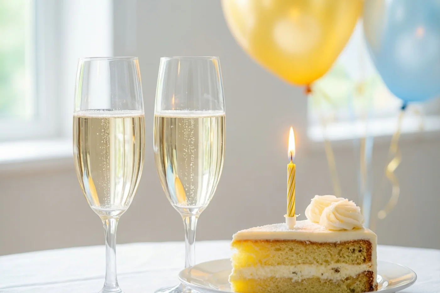Een stuk laagjestaart met één brandend kaarsje staat op een bord naast twee glazen champagne, met gele en blauwe ballonnen op de achtergrond.
