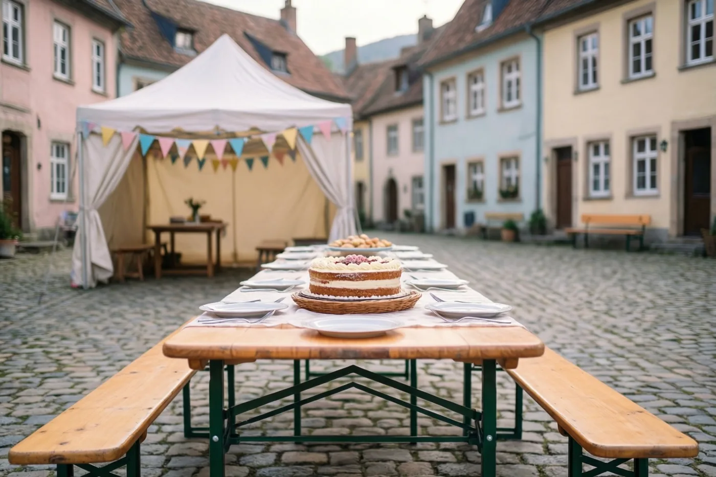 Een lange houten tafel met banken en een laagjestaart op een gevlochten standaard staat op een gekasseid dorpsplein, met kleurrijke gebouwen en een witte feesttent met vlaggetjes op de achtergrond.
