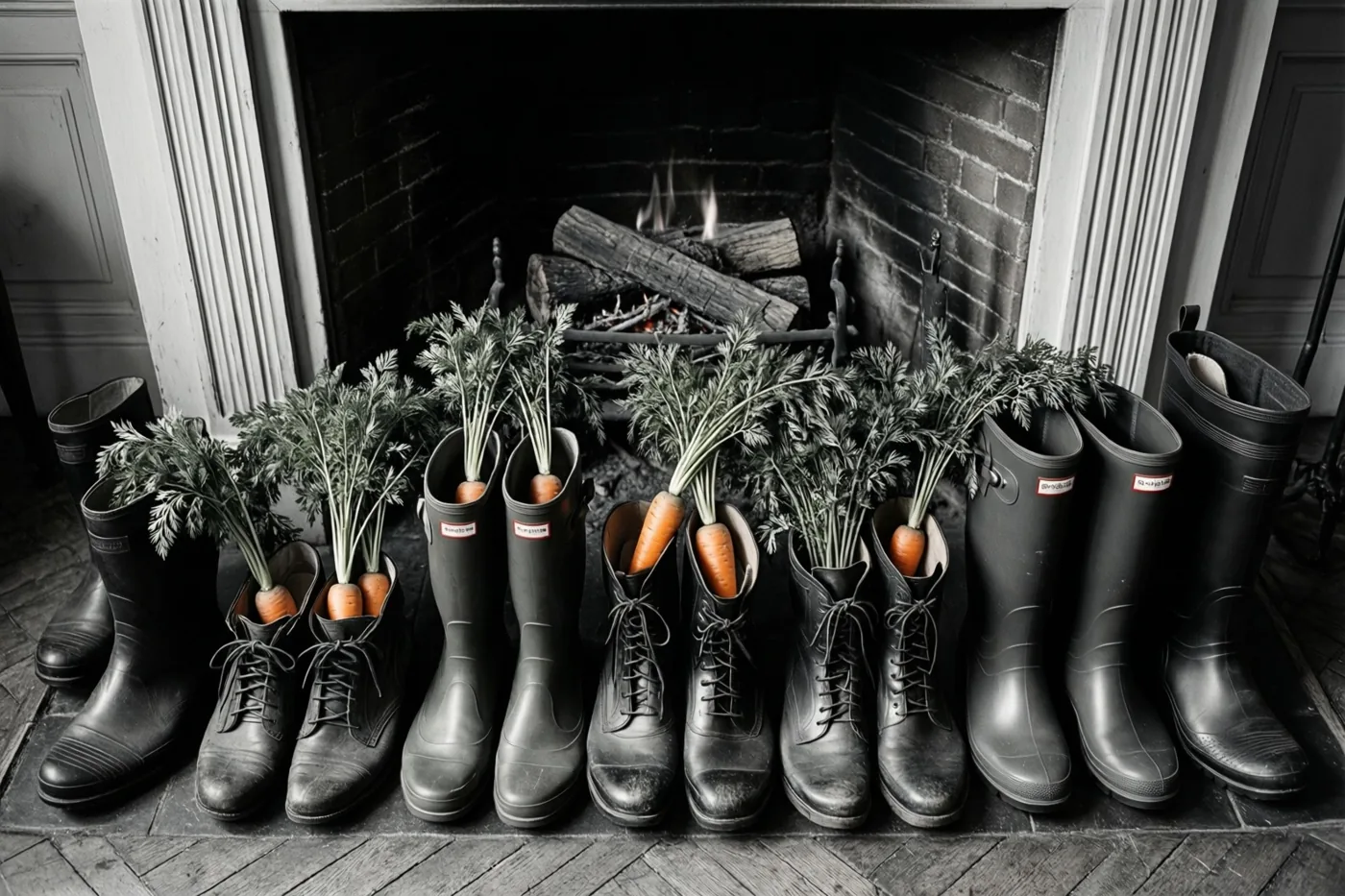 Op een grotendeels zwart-witte foto staat een rij laarzen en regenlaarzen met oranje uitgelichte wortels op een houten vloer voor een brandende haard.