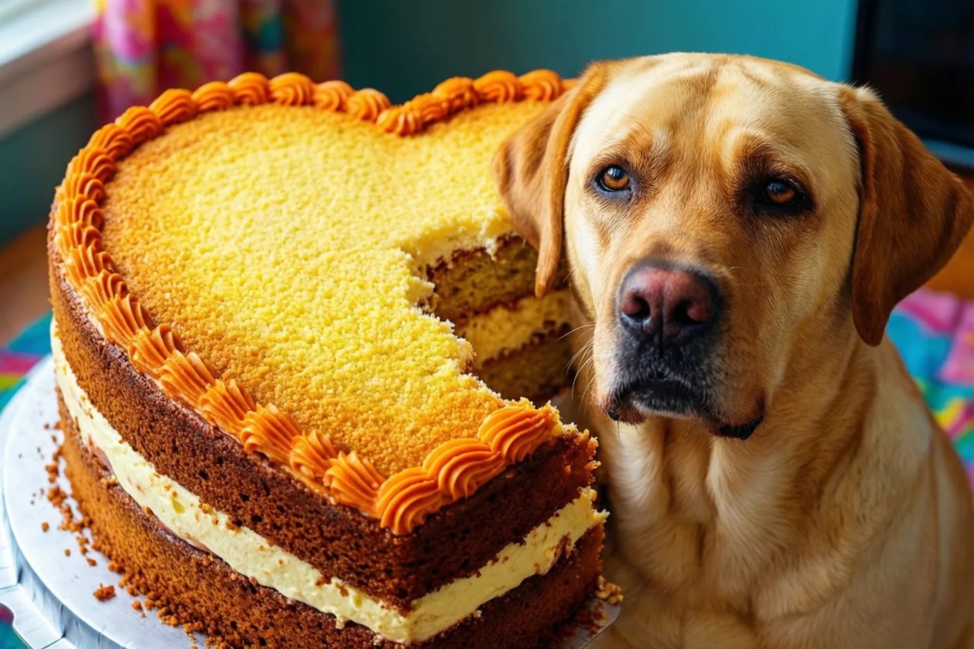 Een gele labrador kijkt schuldig naast een hartvormige taart met een grote hap eruit op een bord, in een warm verlichte kamer met kleurrijke elementen op de achtergrond.