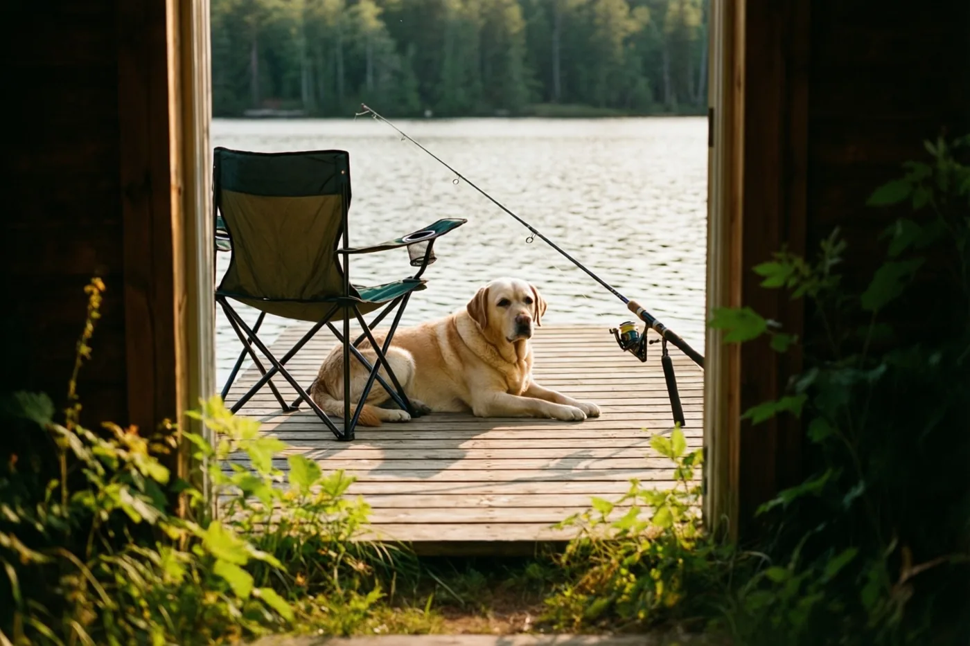Een goudkleurige labrador ligt op een houten steiger naast een klapstoel en een hengel, bij een kalm meer met bos op de achtergrond in warm licht.