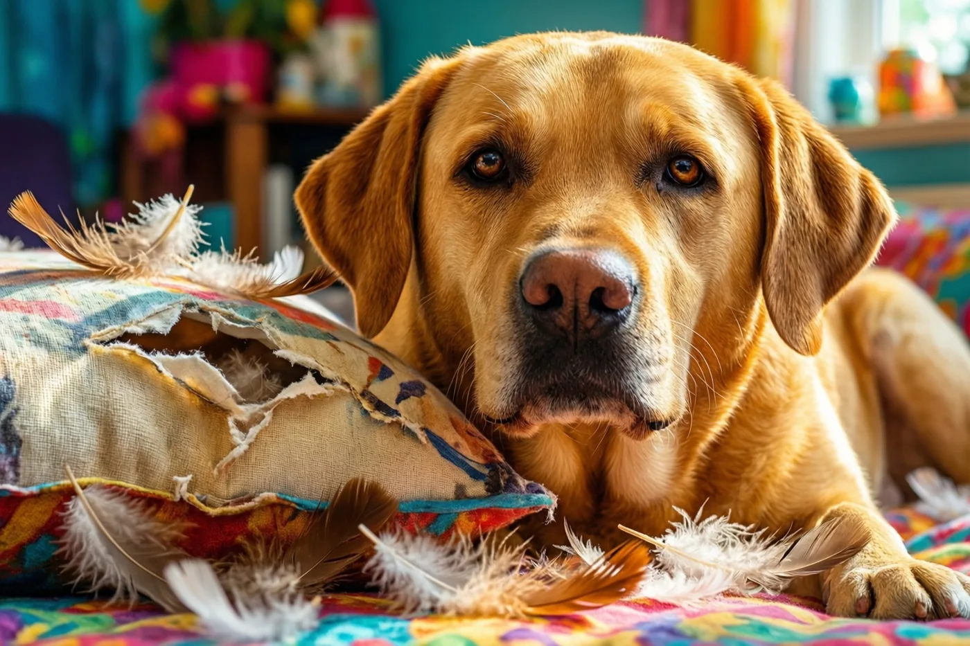 Een goudkleurige labrador met hangoren ligt naast een gescheurd, kleurrijk kussen waar veren uit komen, op een felgekleurd oppervlak met een patroon.