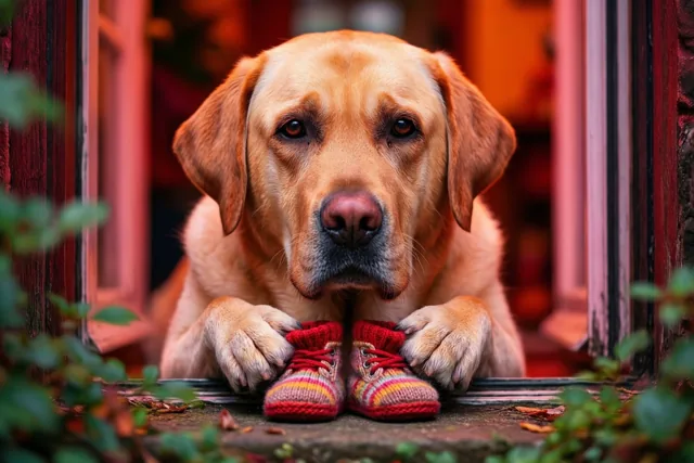 De hond bewaakt de babyspullen