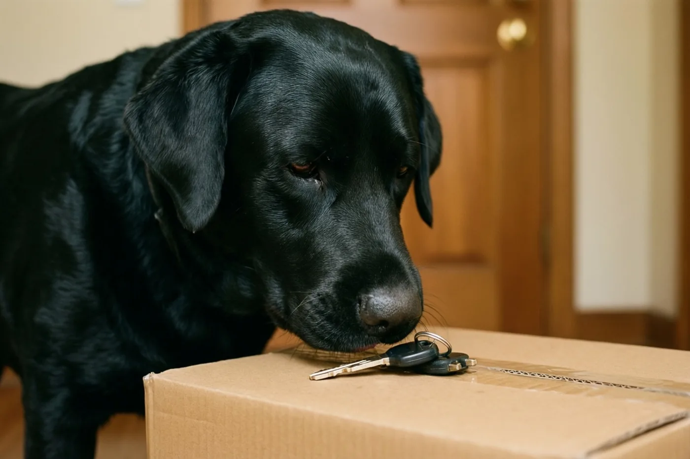 Een zwarte labrador snuffelt nieuwsgierig aan een sleutelbos op een kartonnen verhuisdoos bij een houten deur in warm licht.