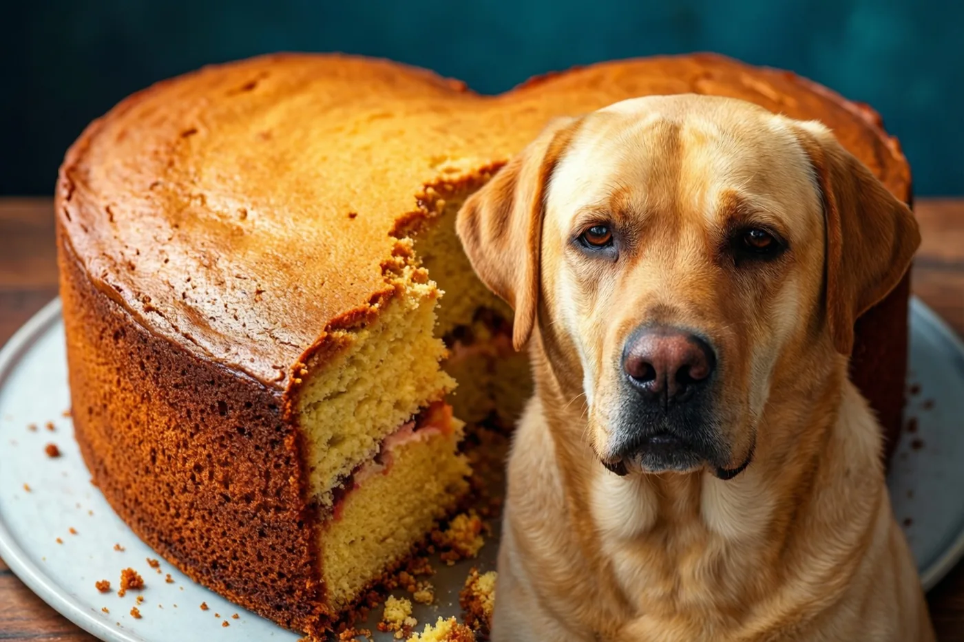 Een goudkleurige labrador zit naast een hartvormige taart met een grote hap eruit op een houten tafel tegen een donkerblauwgroene achtergrond.
