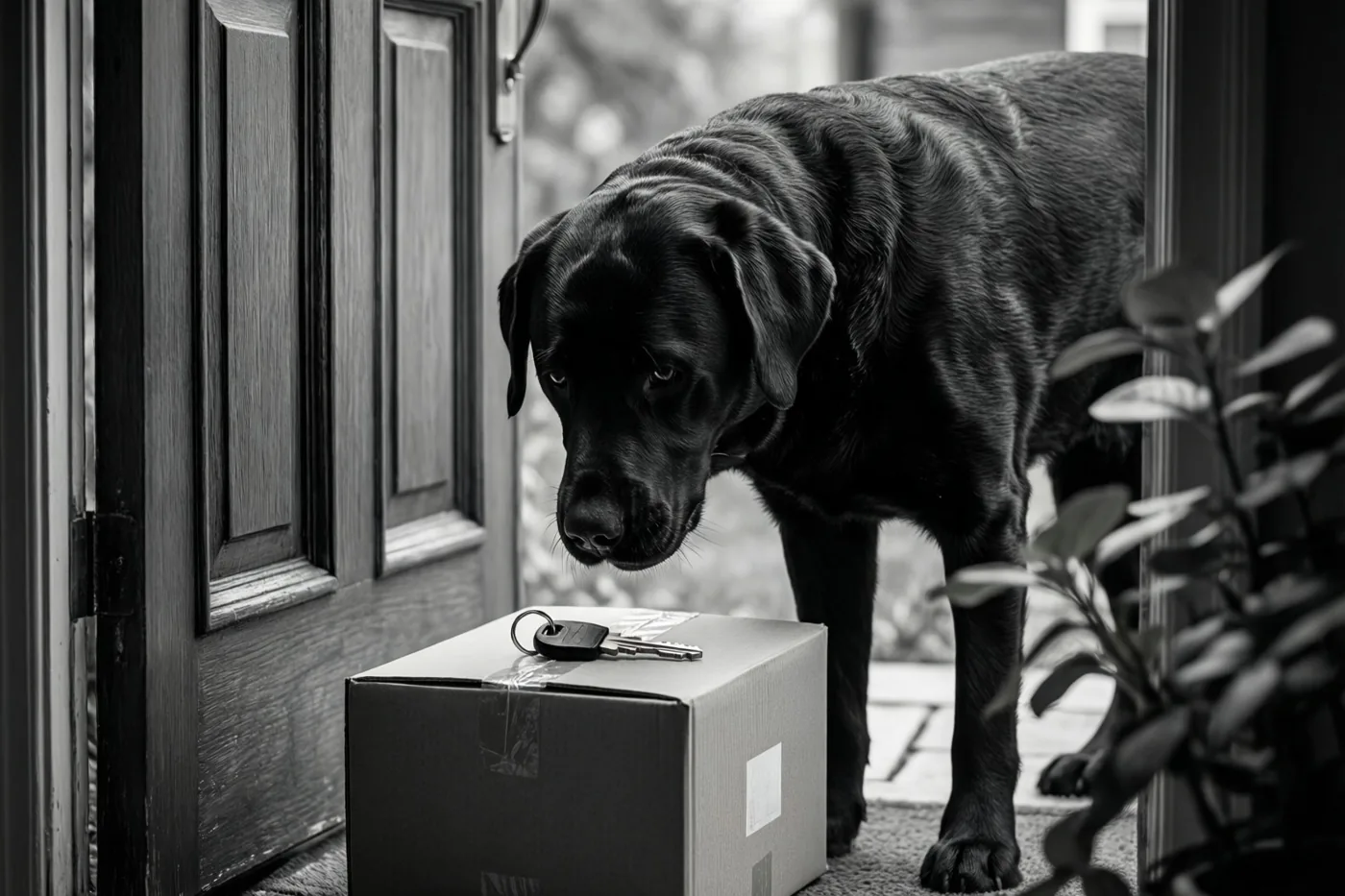 Een zwarte labrador snuffelt aan een kartonnen verhuisdoos op een deurdrempel, met een sleutelbos boven op de doos, op een zwart-witfoto.