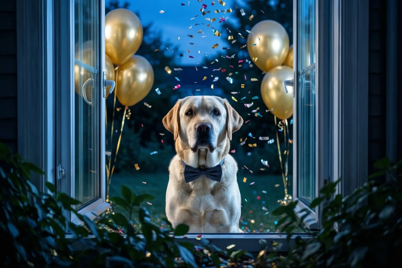 Een gele labrador met een donker strikje zit in een raamopening en kijkt vooruit, met gouden ballonnen en vallende kleurrijke confetti om zich heen in de schemering.
