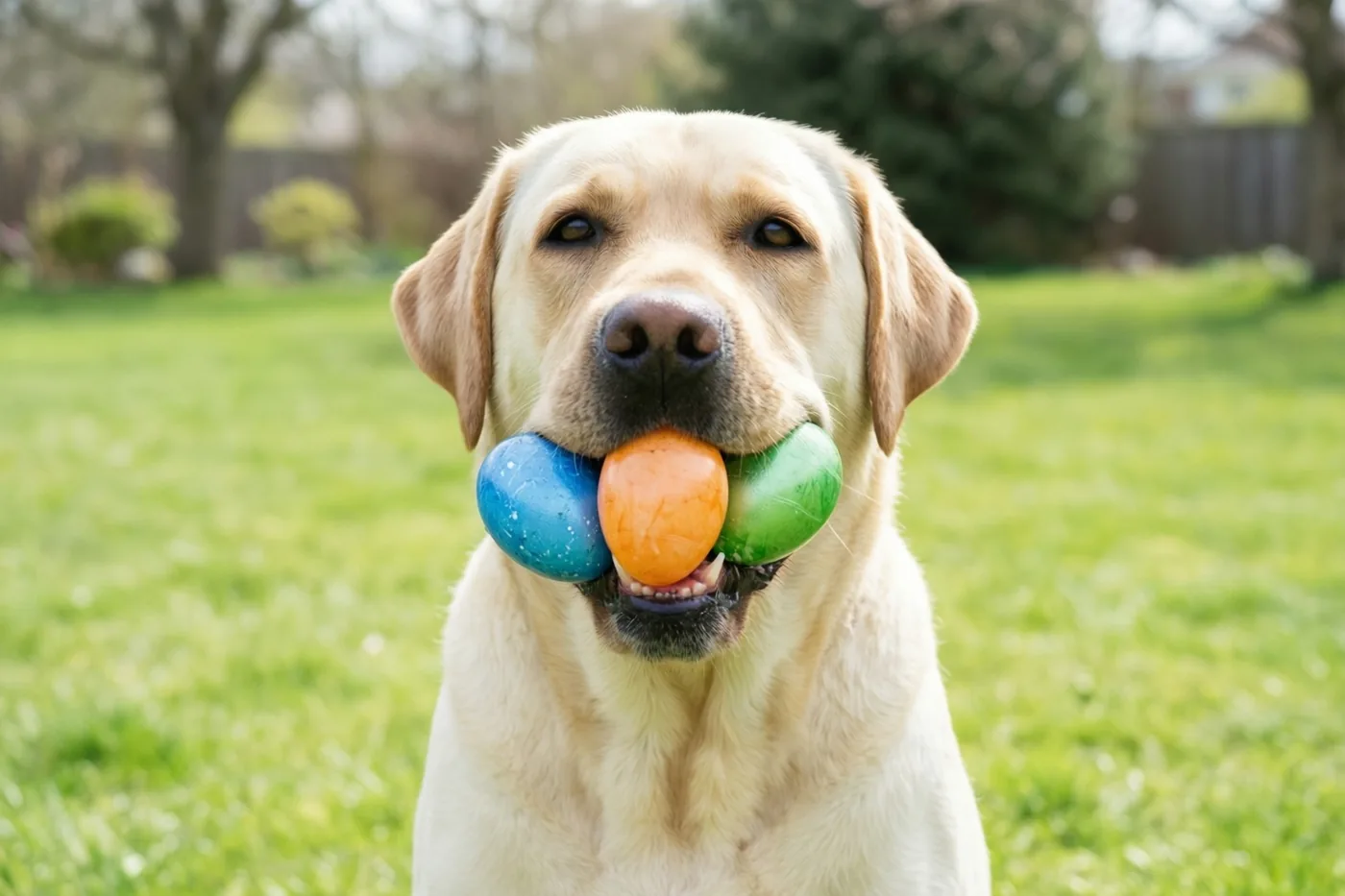 Een gele labrador zit op een groen gazon met drie gekleurde plastic paaseieren in zijn bek, tegen een onscherpe achtergrond van bomen en een omheining.