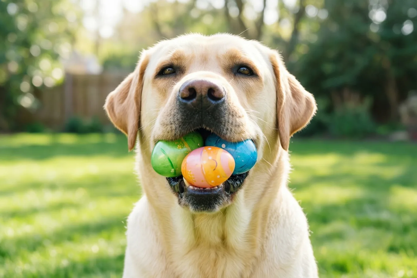 Een gele labrador heeft drie gekleurde plastic paaseieren in zijn bek op een groen gazon in de zon, met onscherpe bomen en gras op de achtergrond.