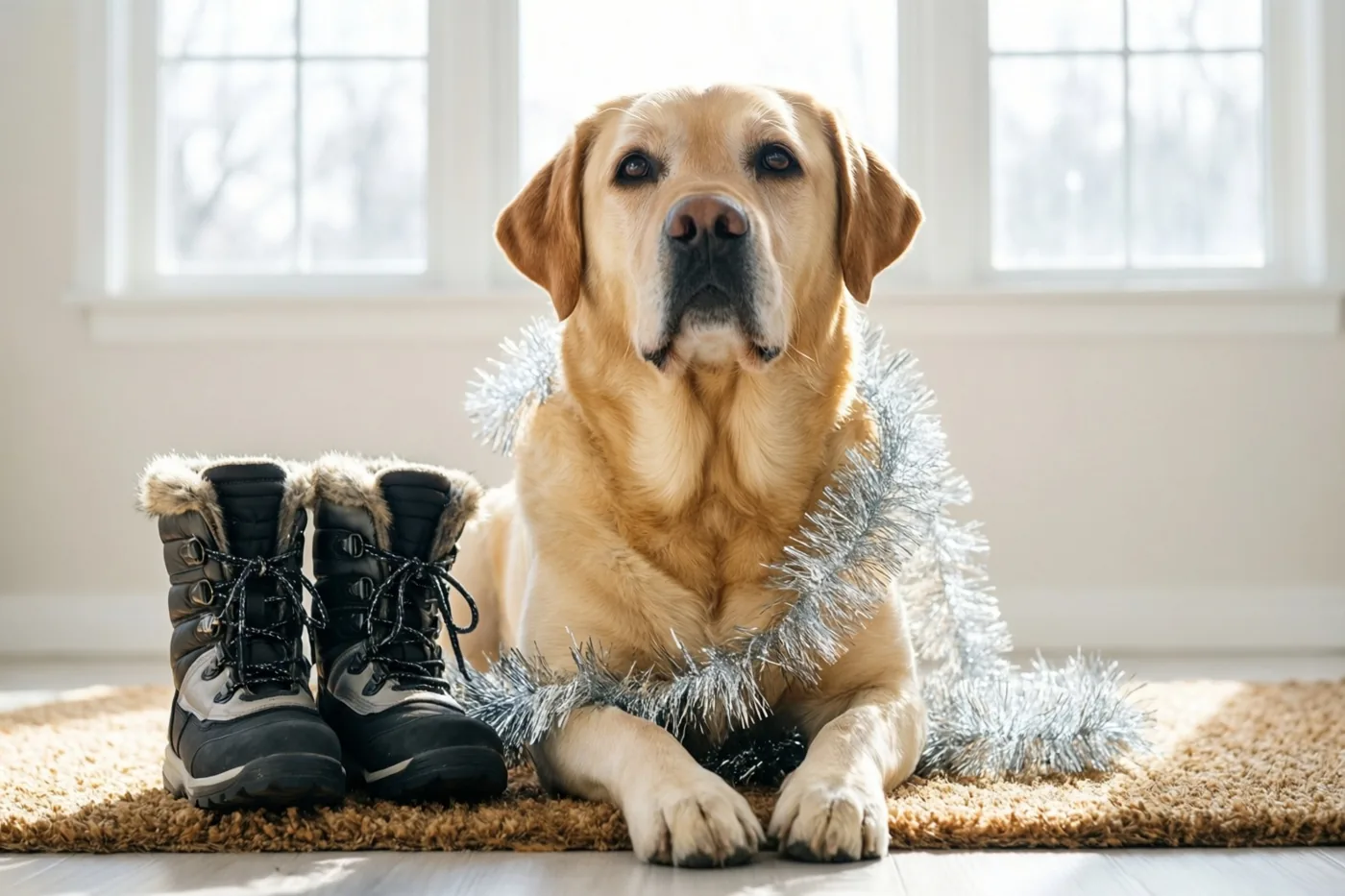 Een blonde labrador met zilveren slingers om hals en borst ligt binnen op een bruine deurmat naast zwarte winterlaarzen, in helder daglicht bij een raam.