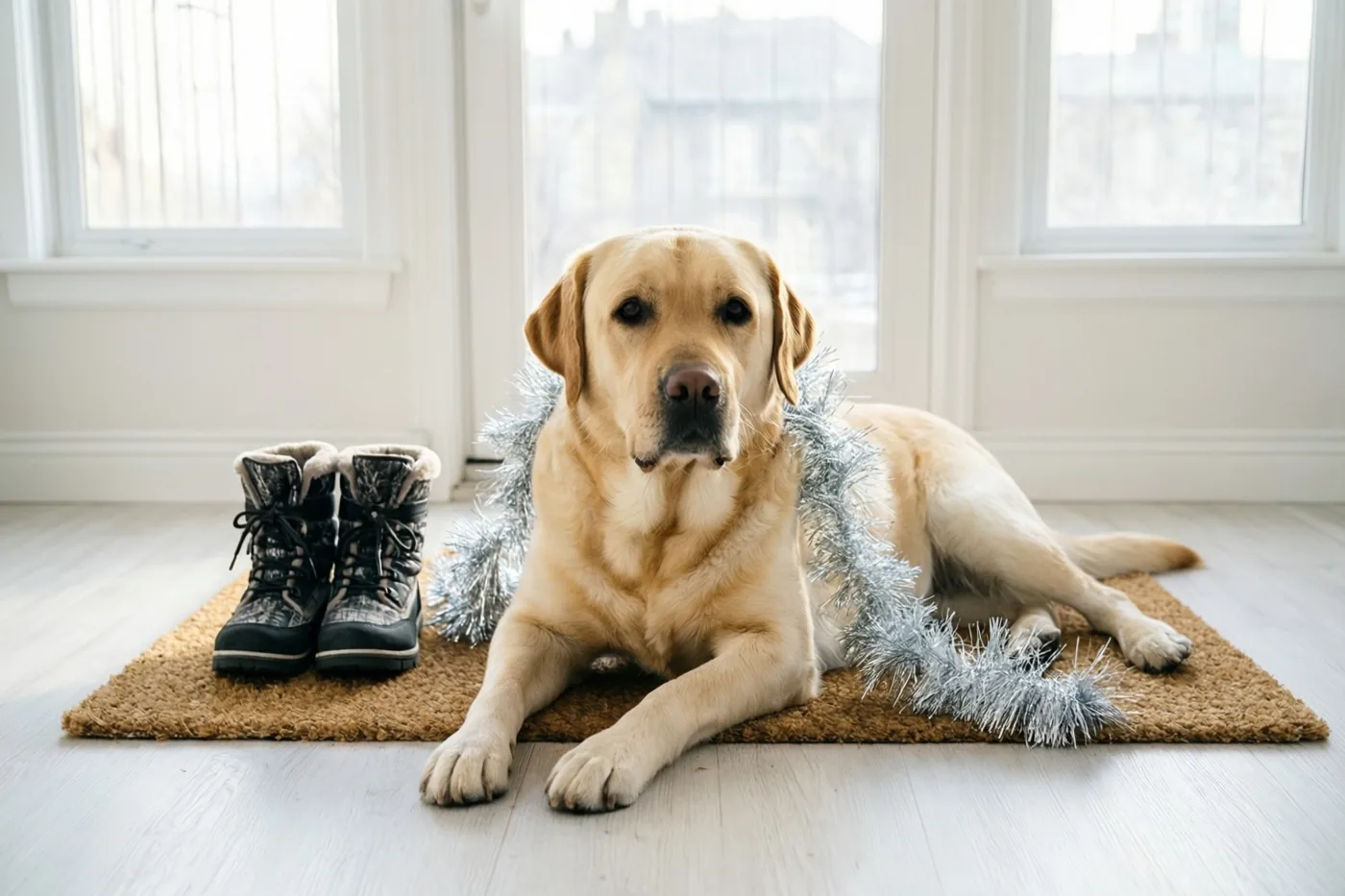 Een blonde labrador ligt binnen op een bruine deurmat met een zilveren slinger om zijn hals en winterlaarzen naast zich, voor grote ramen.
