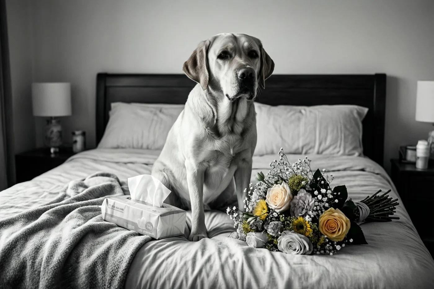 Een gele labrador zit op een bed naast een boeket bloemen en een doos zakdoekjes, met een donker hoofdbord en bedlampjes op de achtergrond.