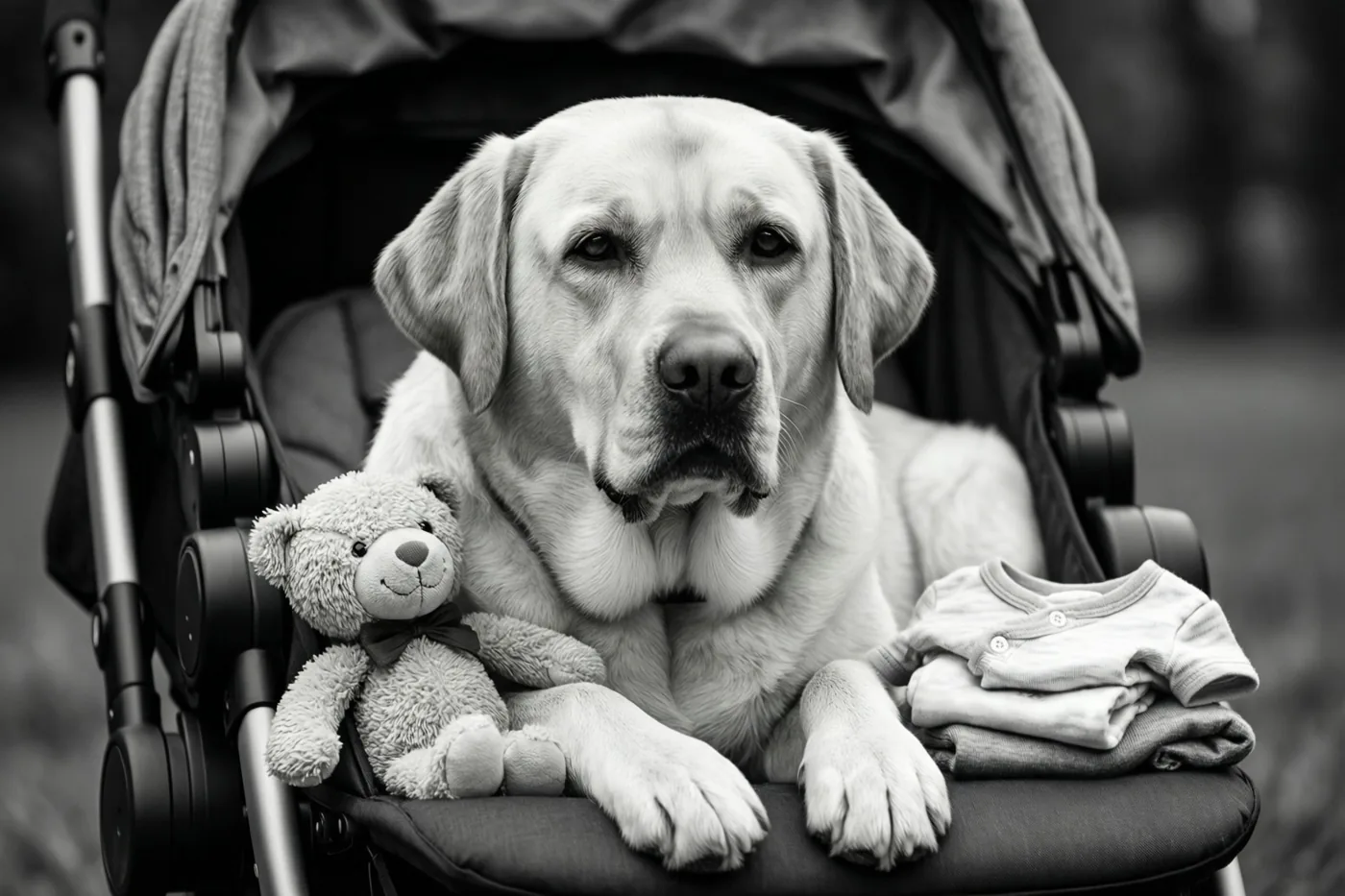 Een zwart-witfoto toont een labrador die rustig in een kinderwagen ligt naast een teddybeer en een opgevouwen bundel babykleertjes.