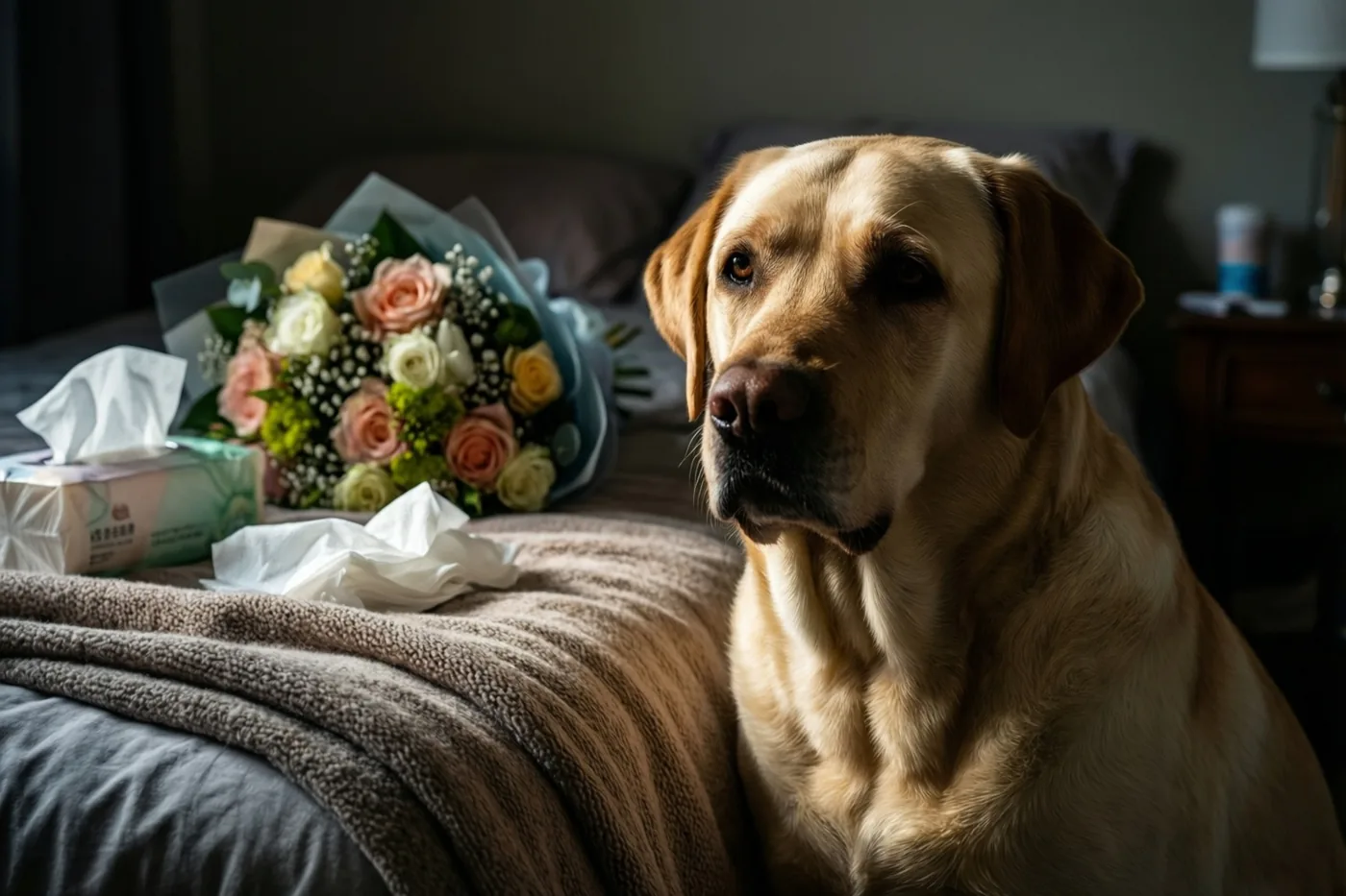 Een gele labrador zit op een bed met een bruine deken, naast een boeket bloemen en zakdoekjes.