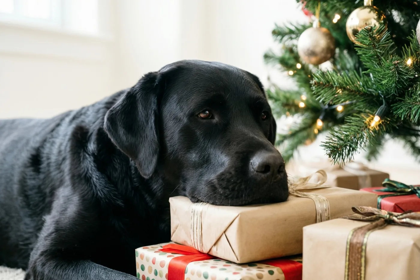 Een zwarte labrador rust met zijn kop op een stapel ingepakte kerstcadeaus naast een kerstboom met lichtjes en versiering.