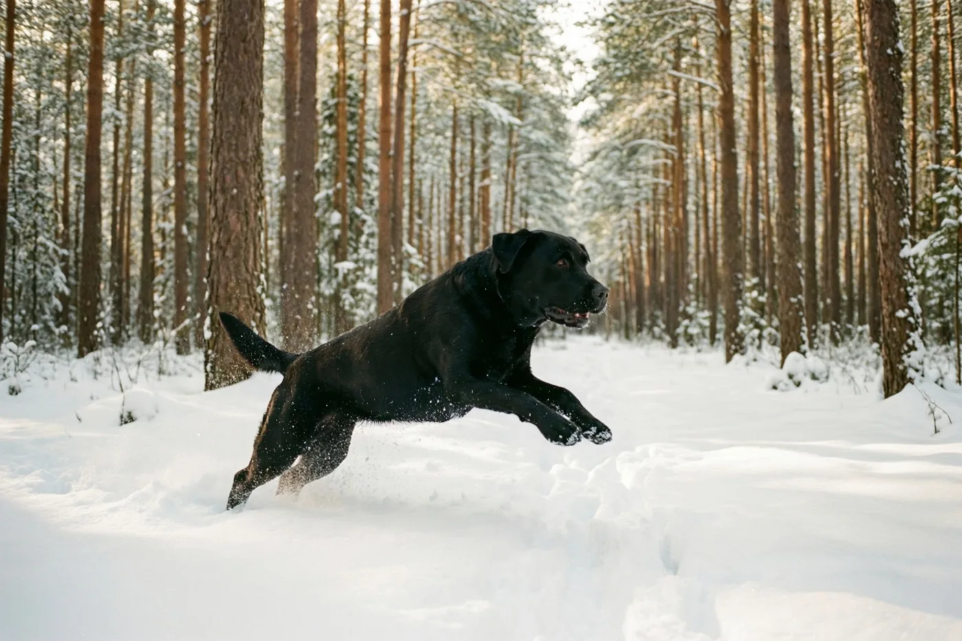 Een zwarte labrador springt door diepe sneeuw in een bos met hoge dennen.