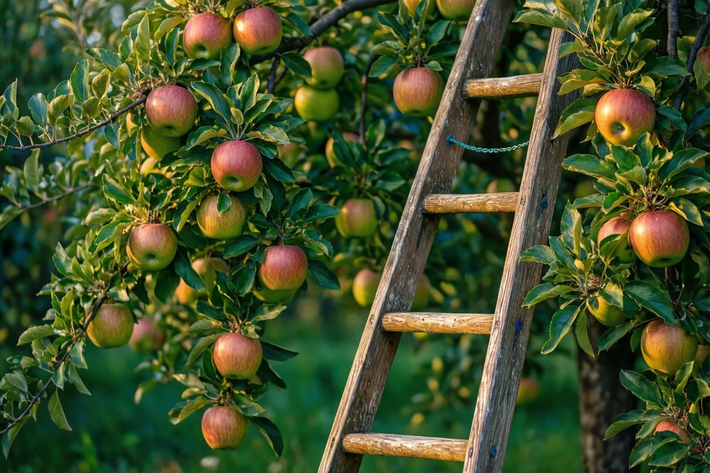 Een houten ladder leunt tegen een appelboom vol rijpe rode en groene appels in warm, goudkleurig zonlicht.