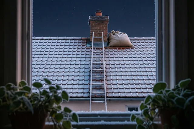 Door een raam met berijpte kamerplanten is een licht besneeuwd dak bij nacht te zien, met een ladder tegen een bakstenen schoorsteen en een jutezak op de nok.