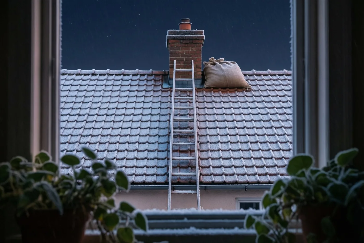 Door een raam met berijpte kamerplanten is een licht besneeuwd dak bij nacht te zien, met een ladder tegen een bakstenen schoorsteen en een jutezak op de nok.