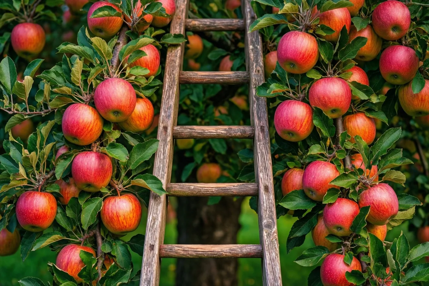Een houten ladder leunt tegen een appelboom vol rijpe rode appels in een groene boomgaard.
