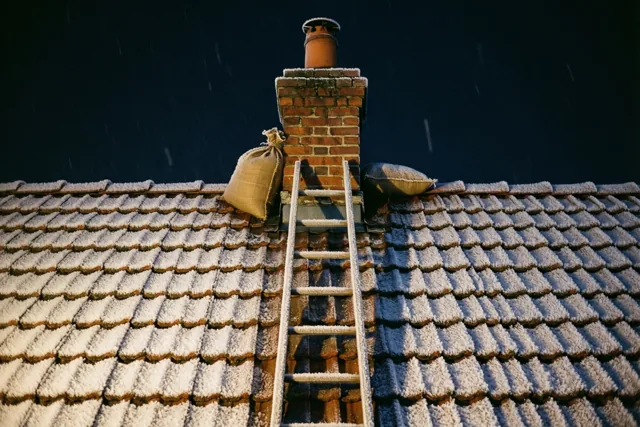 Op een besneeuwd dak leunt een ladder tegen een bakstenen schoorsteen en ligt een jutezak op de nok, in warm licht tegen een donkere hemel.