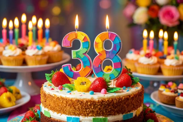 Een taart met meerdere lagen, brandende kaarsjes en een kleurrijke papieren versiering met 38 staat tussen cupcakes met kaarsjes en bloemen.