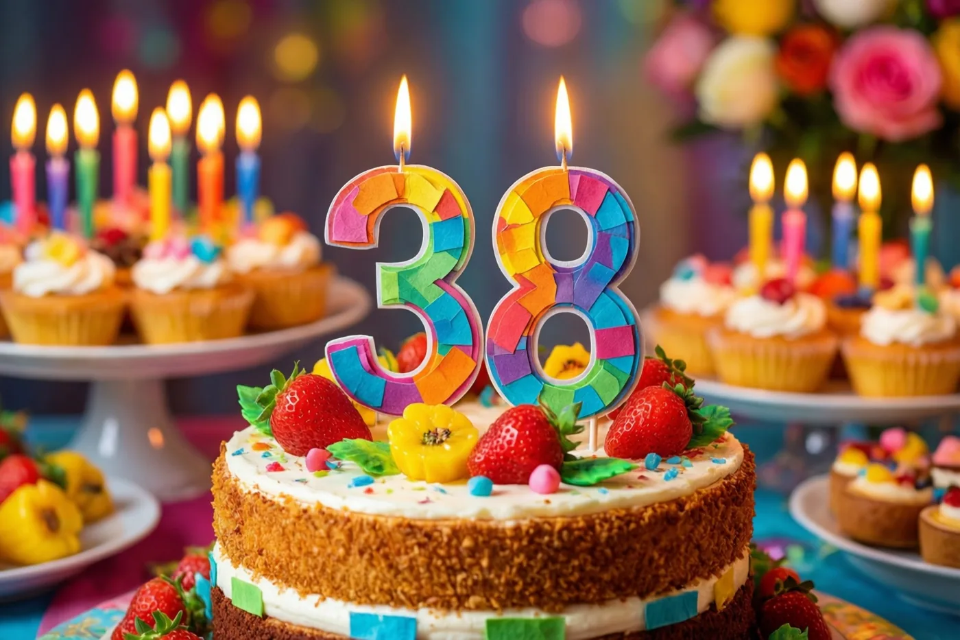 Een taart met meerdere lagen, brandende kaarsjes en een kleurrijke papieren versiering met 38 staat tussen cupcakes met kaarsjes en bloemen.