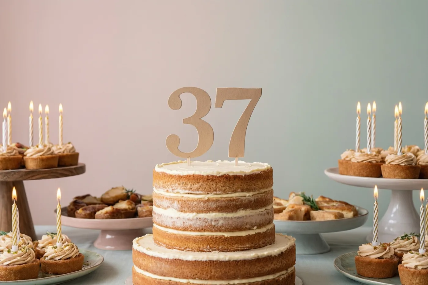 Een taart met meerdere lagen en een papieren versiering met 37 staat op een feestbuffet tussen cupcakes met brandende kaarsjes, in pastelroze en mintgroene tinten.