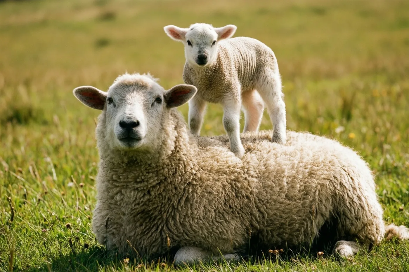 Een lammetje staat op de rug van een ooi die in een zonnige grasweide ligt.