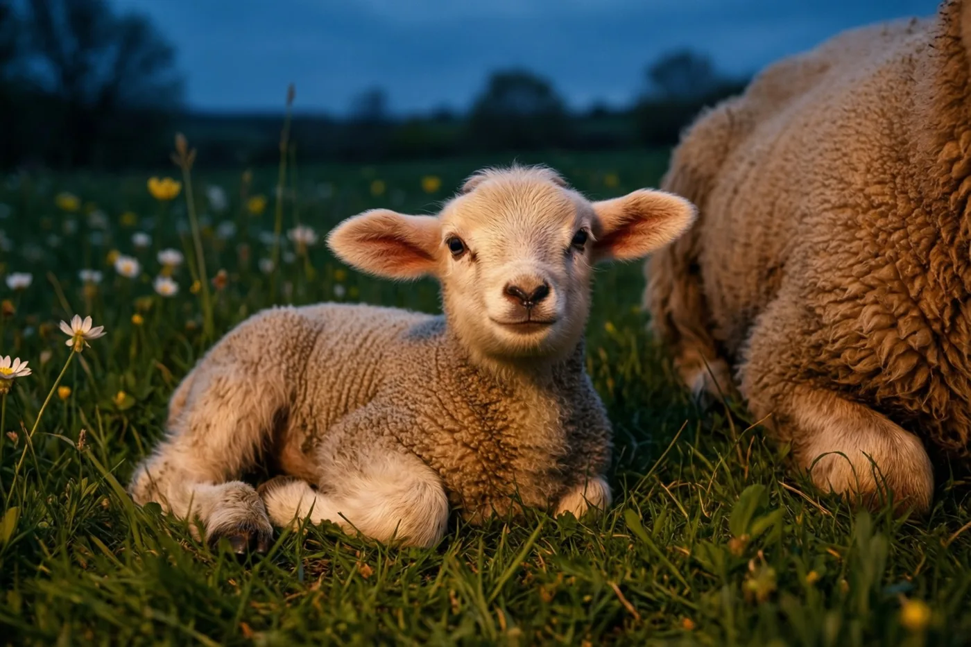 Een lam ligt naast een schaap in een grasweide met madeliefjes en gele bloemen, in zachte blauwe en groene tinten.