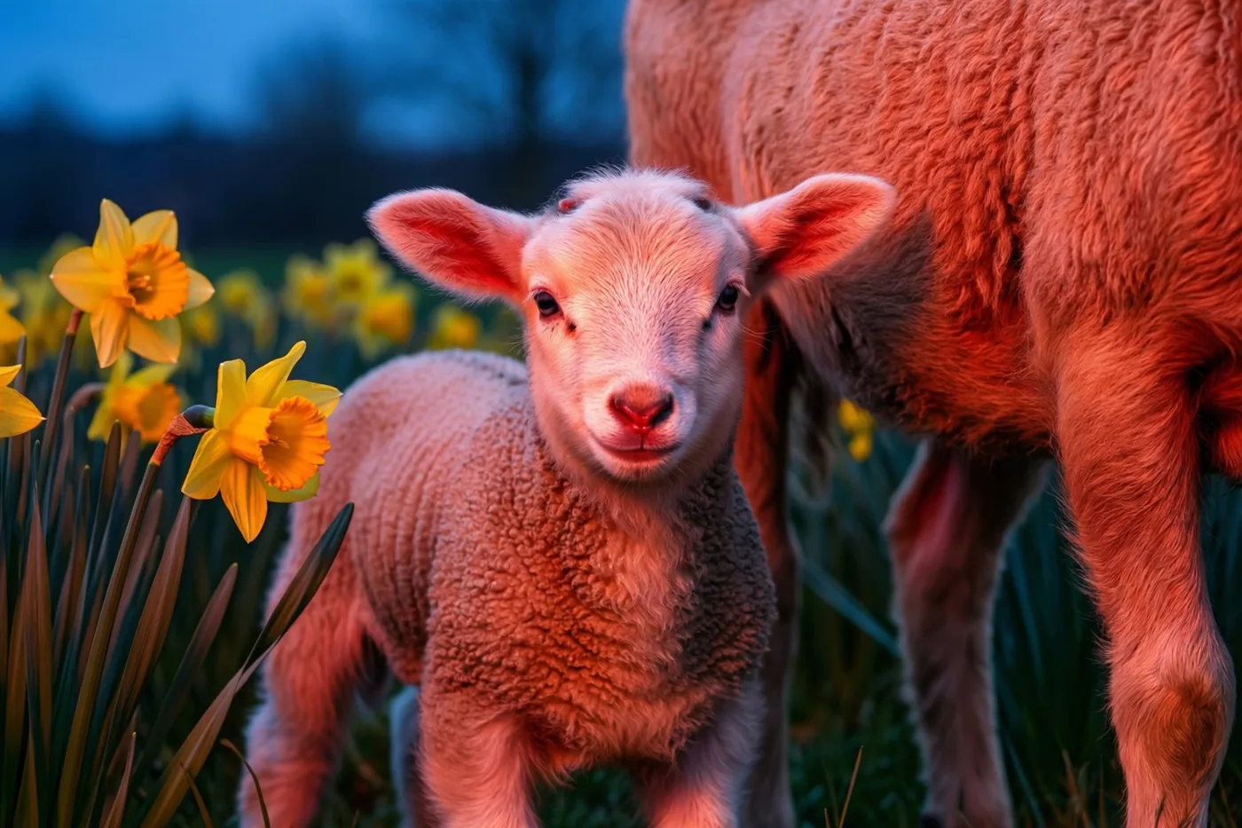 Een pasgeboren lam staat naast zijn moeder in een weide met bloeiende narcissen, in warm licht onder een blauwe schemerlucht.