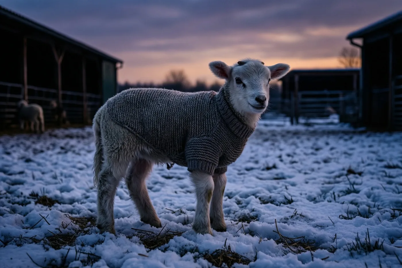 Een klein wit lammetje in een grijze gebreide trui staat bij schemering op een besneeuwd erf, met schuren op de achtergrond.