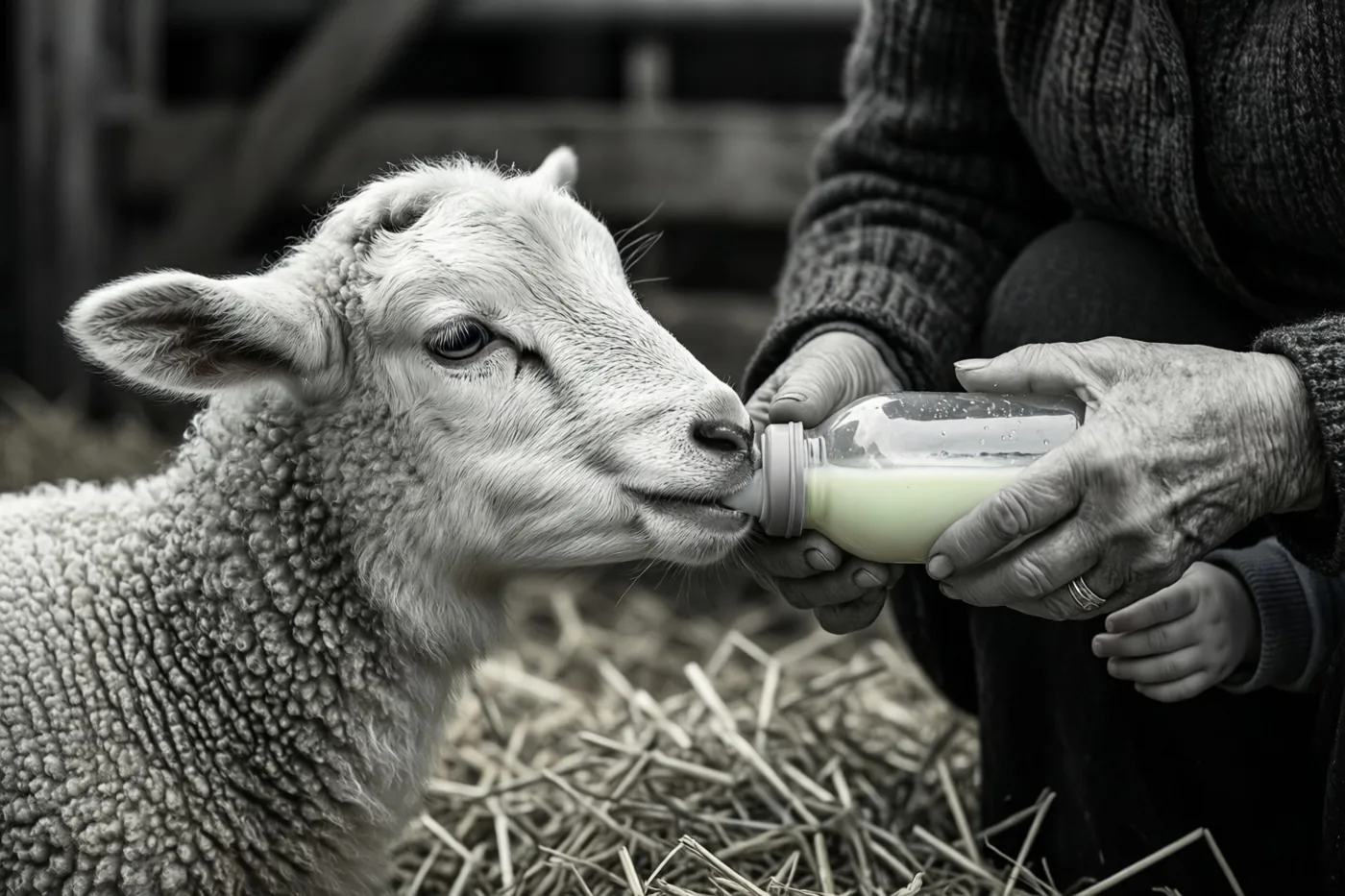 Een jong lam drinkt in een schuur vol stro uit een fles die oude handen en kleine kinderhanden vasthouden, in een zwart-witbeeld met een kleuraccent op de melk.