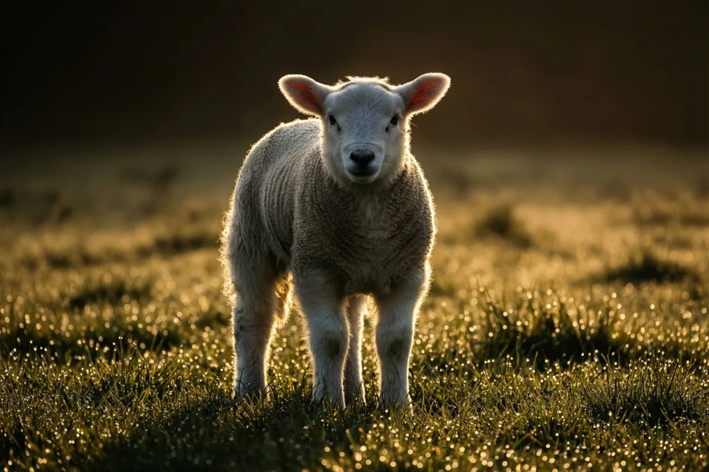 Een jong lammetje staat in een weide met bedauwd gras, verlicht door het warme gouden licht van de opkomende zon.