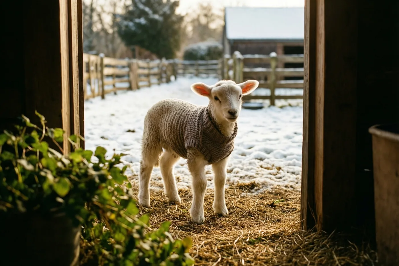 Een klein wit lammetje in een bruine gebreide trui staat in de deuropening van een schuur en kijkt in warm zonlicht uit over een besneeuwd erf.