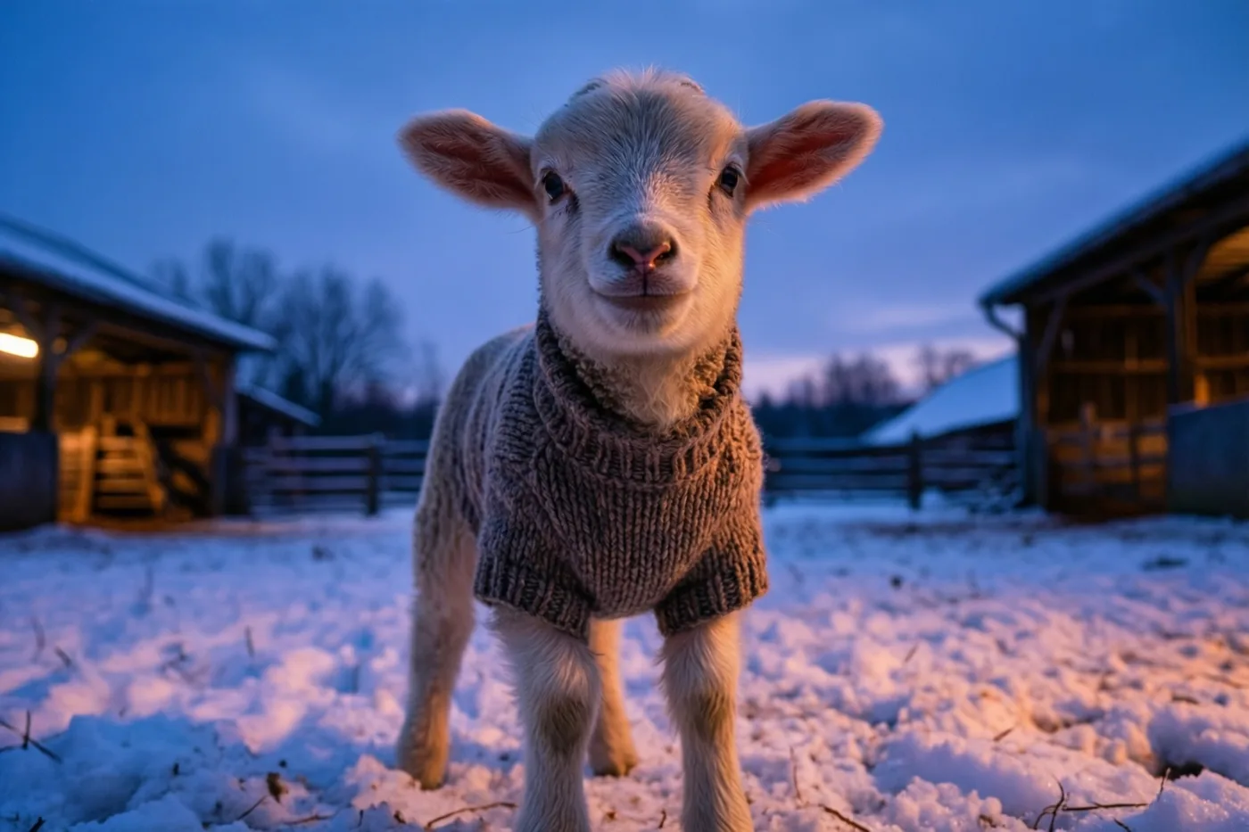 Een klein wit lammetje met een gebreide trui staat op een besneeuwd erf in het blauwe en roze licht van de ondergaande zon.