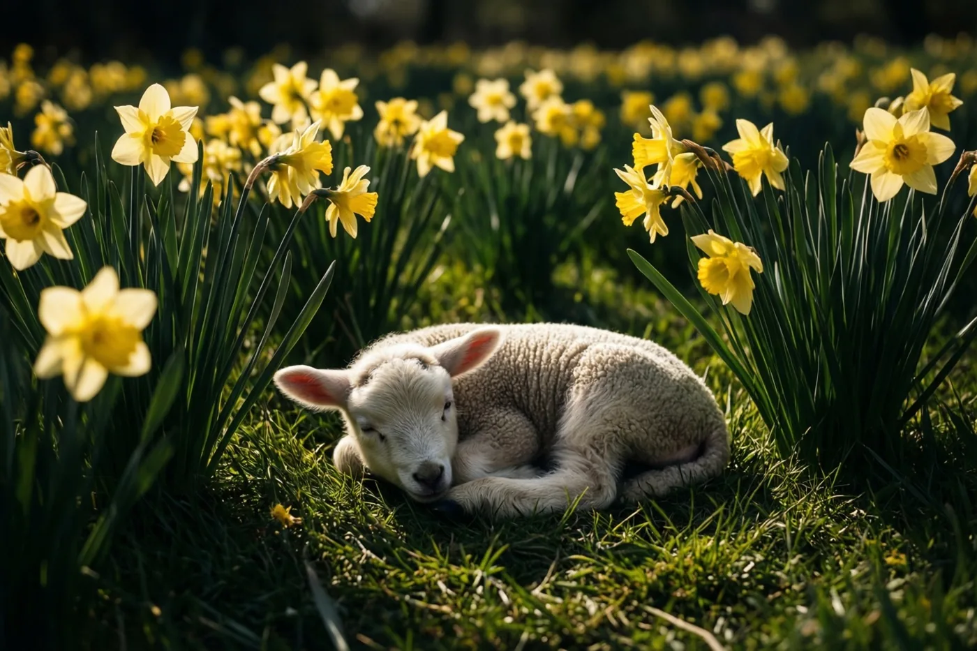 Een pasgeboren lammetje ligt opgerold te slapen in een zonnige groene weide vol bloeiende gele narcissen.