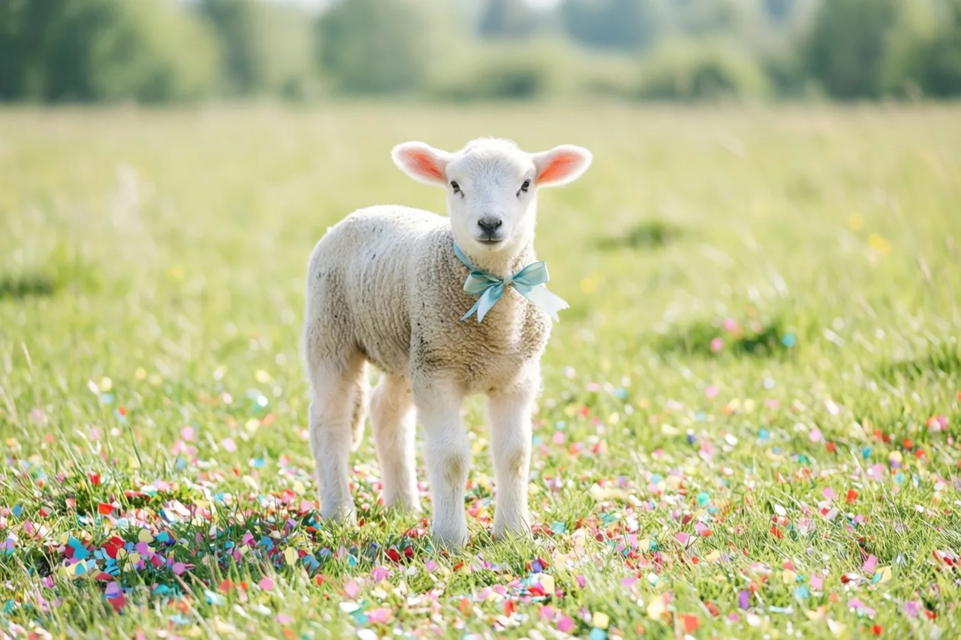 Een klein wit lammetje met een lichtblauwe strik staat in een zonnige groene weide met kleurrijke confetti in het gras.