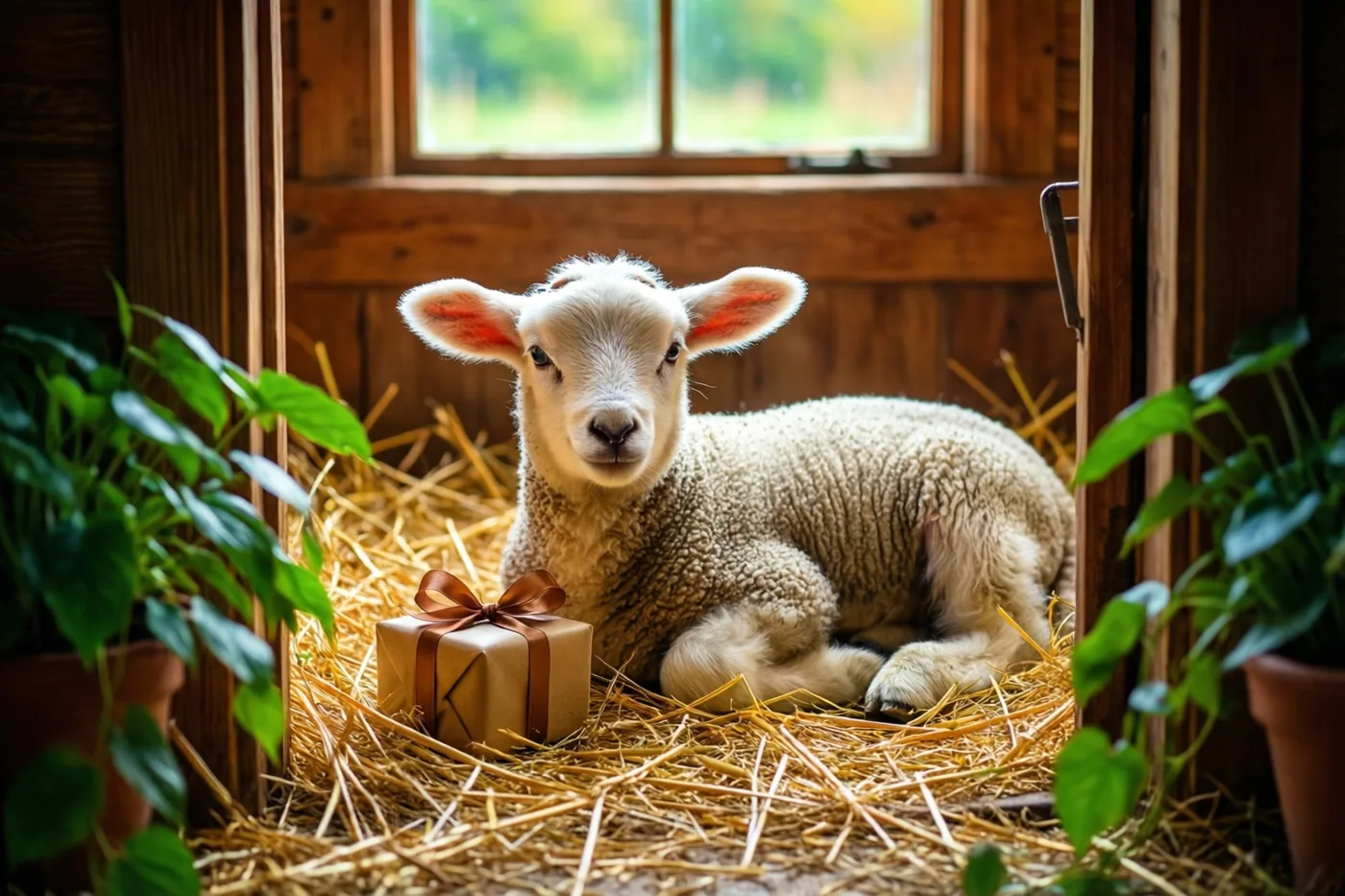 Een klein wit lam ligt in het stro van een houten stal naast een bruin ingepakt cadeautje met een bijpassende strik, met groene potplanten en een raam eromheen.