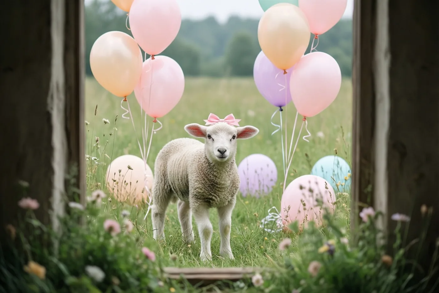 Een klein lammetje met een roze strik op zijn kop staat in een weide tussen pastelballonnen, gezien door een houten kader in zacht daglicht.