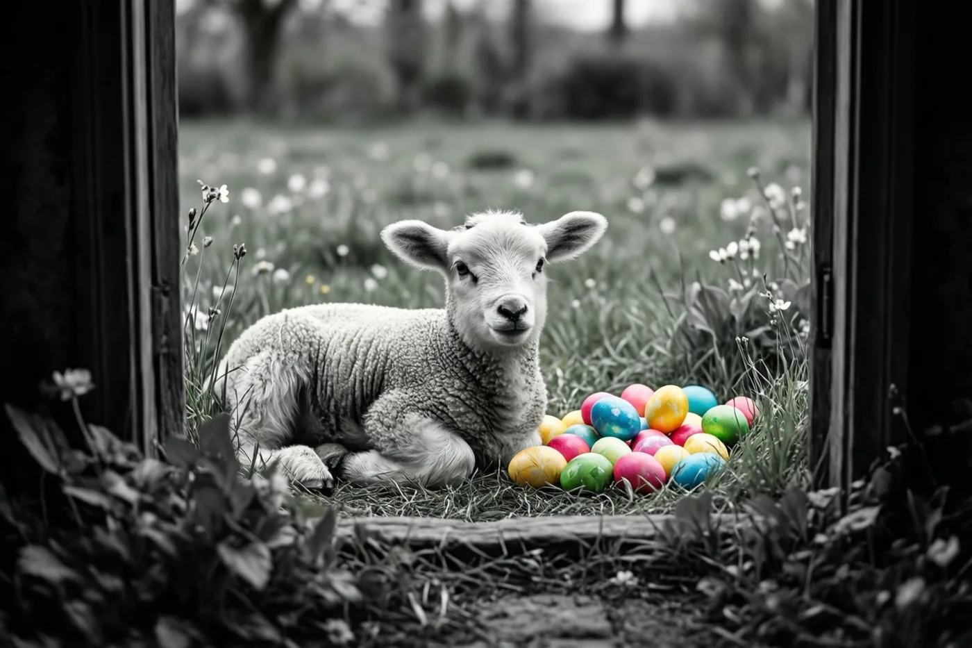 Door een donker houten raamkader is een wit lammetje in het gras naast felgekleurde paaseieren te zien, waarbij de eieren afsteken tegen de verder monochrome scène.