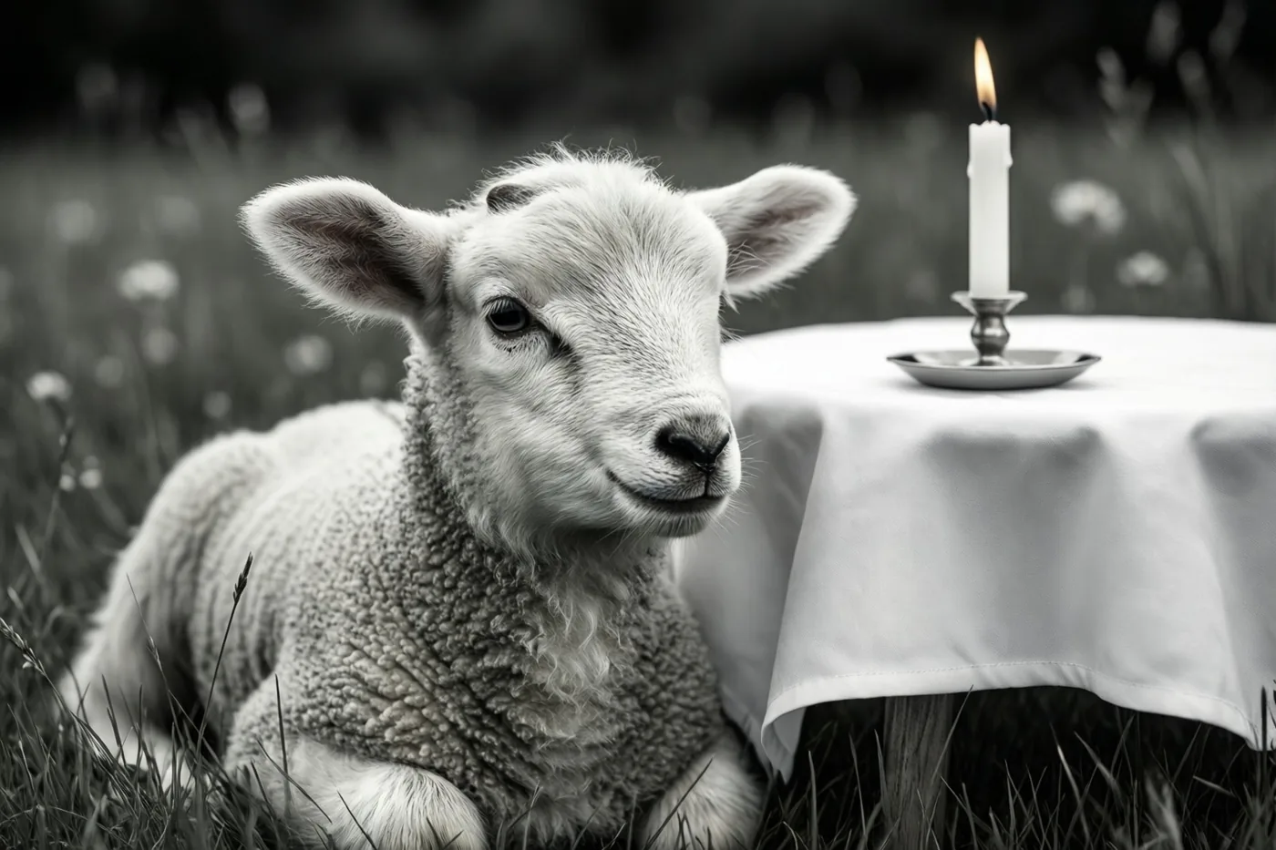 Op een zwart-witfoto ligt een wit lammetje in een grasweide naast een tafel met een wit kleed en één brandende communiekaars.